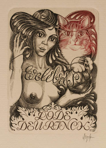 Exlibris by Vitautas Jakstas from Lithuania for Lodevijk Deurinck - Cat Woman Nude 