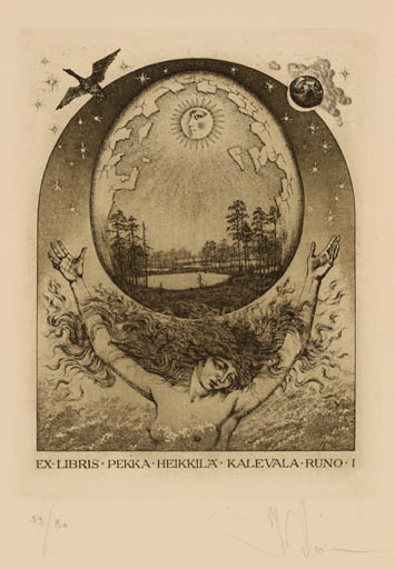 Exlibris by Konstantin Kalynovych from Ukraine for Pekka Heikkila - Bird Cosmos Woman Sun 