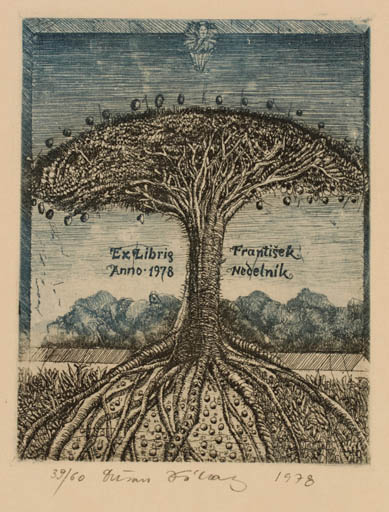 Exlibris by Dusan Kallay from Czechoslovakia for Frantisek Nedelnik - Forest Tree 