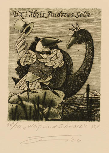 Exlibris by Andrij Kens from Ukraine for Andreas Selle - Fairytale/fable Bird 