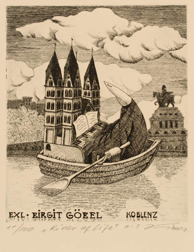 Exlibris by Andrij Kens from Ukraine for Birgit Göbel-Stiegler - Architecture Music Ship/Boat 