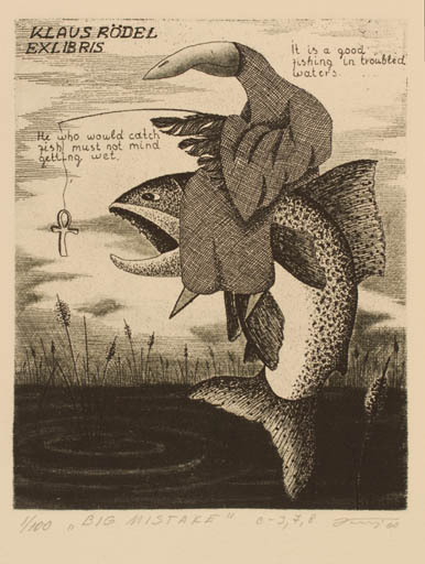 Exlibris by Andrij Kens from Ukraine for Klaus Rödel - Fish Bird Maritime 