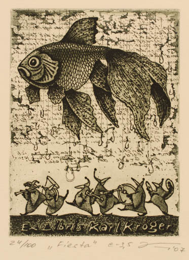 Exlibris by Andrij Kens from Ukraine for Karl Fridrich Kröger - Dancing Fish Music 