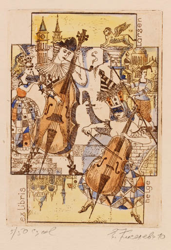 Exlibris by Jelena Kisseljowa from Russia for Helge Larsen - Music Theater/Cirkus 