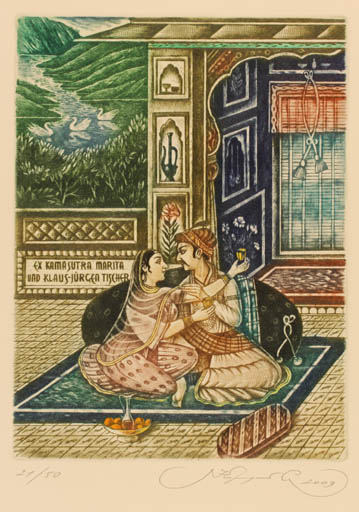 Exlibris by Sergey Kirnitsky from Ukraine for Marita & Klaus-Jürgen Tischer - Interior Oriental Couple Wine 