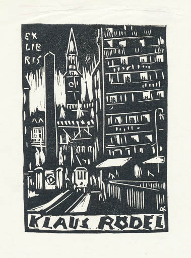 Exlibris by Kàroly Andrusko from Yugoslavia for Klaus Rödel - City 