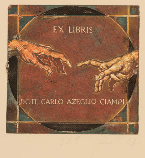 Exlibris by Antanas Kmieliauskas from Lithuania for Dott. Carlo Azeglio Ciampi - Hand(s) 