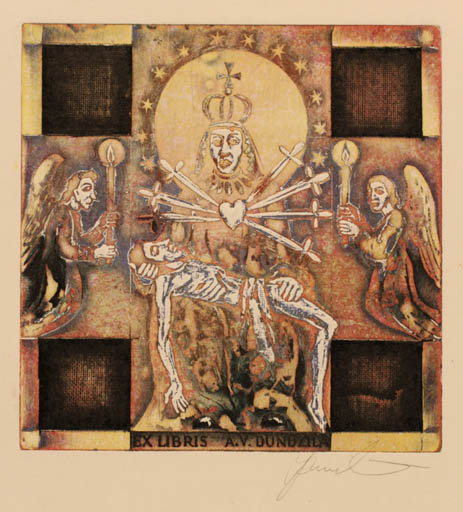 Exlibris by Antanas Kmieliauskas from Lithuania for A. V. Dundzila - Death Angel Man Religion 