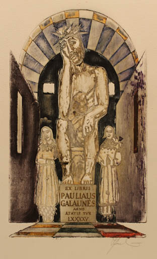 Exlibris by Antanas Kmieliauskas from Lithuania for Pauliaus Galaunes - Woman Man Religion 