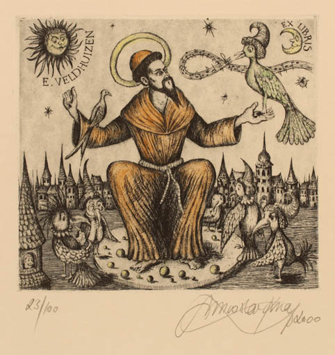 Exlibris by Miroslav Knap from Slovak Republic for Evert Veldhuizen - City Bird Cosmos Man Sun 