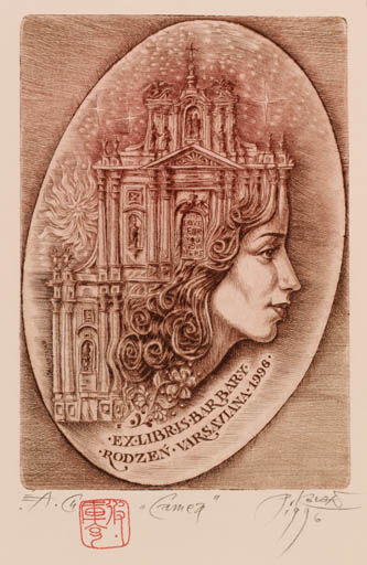 Exlibris by Peter Kocak from Slovak Republic for Barbary Rodzen - Architecture Woman Portrait 