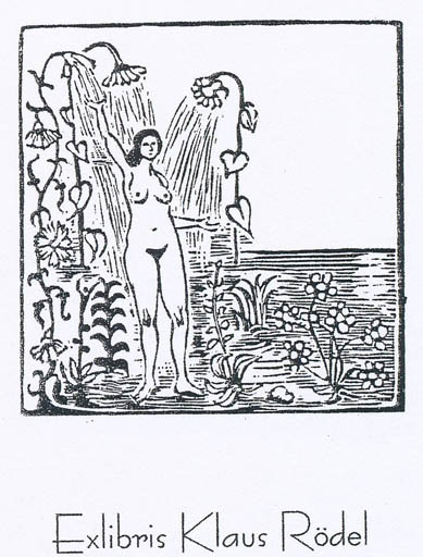 Exlibris by Paul Erland Jensen from Denmark for Klaus Rödel - Flower Woman Nude 