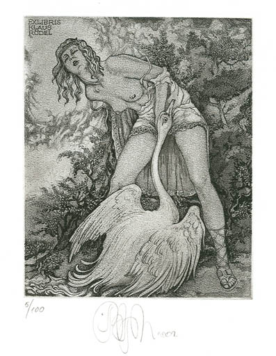 Exlibris by Ruslan Agirba from Russia for Klaus Rödel - Erotica Leda and the Swan Mythology 