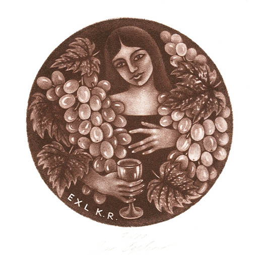 Exlibris by Jana Capkova from Czech Republic for Klaus Rödel - Woman Wine 