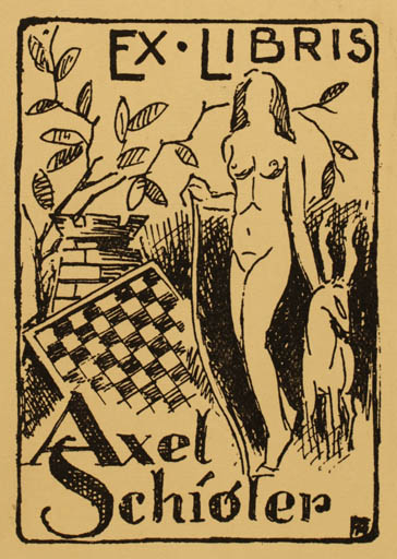 Exlibris by F. Aster from Denmark for Axel Schiøler - Fauna Woman 