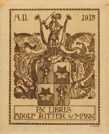 Exlibris by Adolf Kunst from Germany for Adolf Ritter V. Mann - Heraldry 