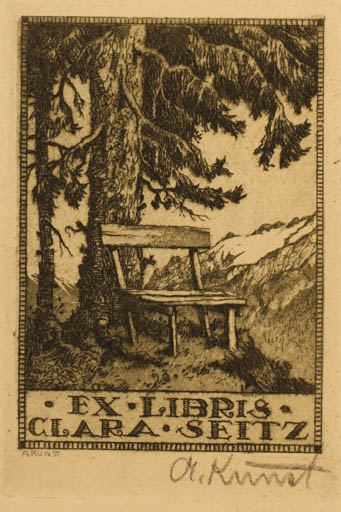 Exlibris by Adolf Kunst from Germany for Clara Seitz - Mountain Scenery/Landscape Tree 