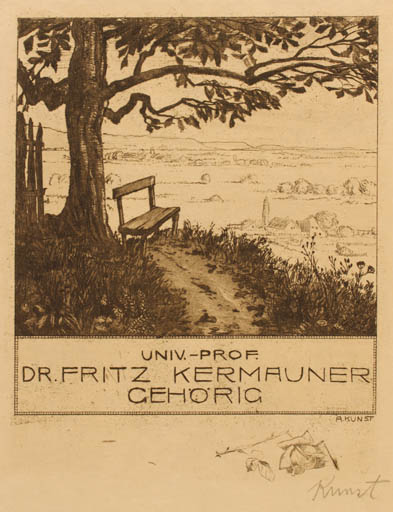 Exlibris by Adolf Kunst from Germany for Dr. Fritz Kermauner Gehörig - Scenery/Landscape Tree 