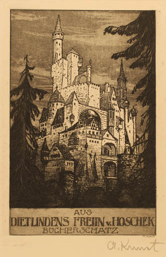 Exlibris by Adolf Kunst from Germany for ? ? - Castle/Palace Tree 