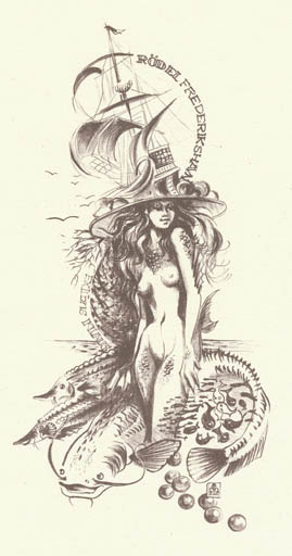 Exlibris by Hermina Horvath from Belgium for Klaus Rödel - Fish Woman Maritime 