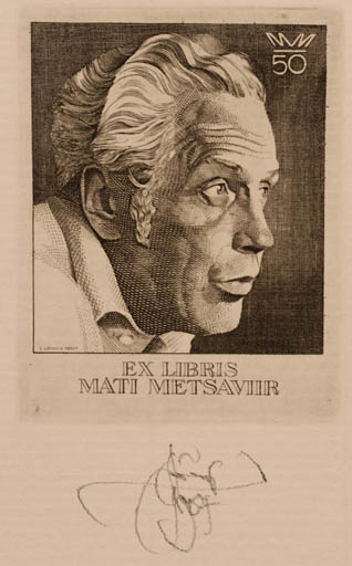 Exlibris by Lembit Löhmus from Estonia for Mati Metsaviir - Man Portrait 