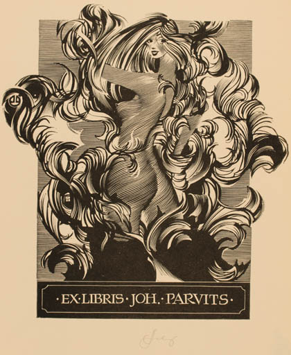 Exlibris by Lembit Löhmus from Estonia for Johannes Parvits - Woman Nude 