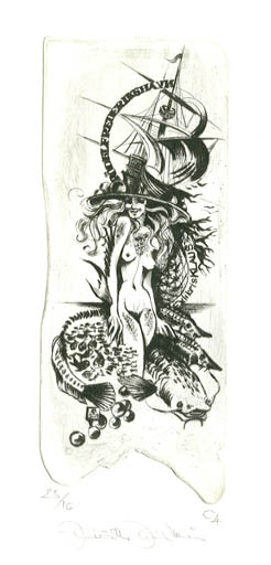 Exlibris by Hermina Horvath from Belgium for Klaus Rödel - Fish Woman Maritime 