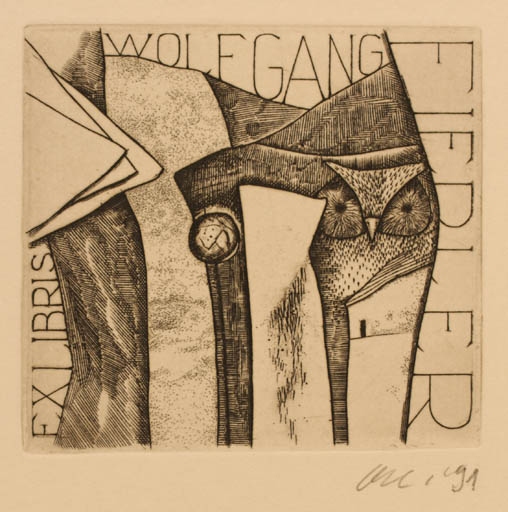 Exlibris by Detlef Olschewski from Germany for Wolfgang Fiedler - Abstract Owl 