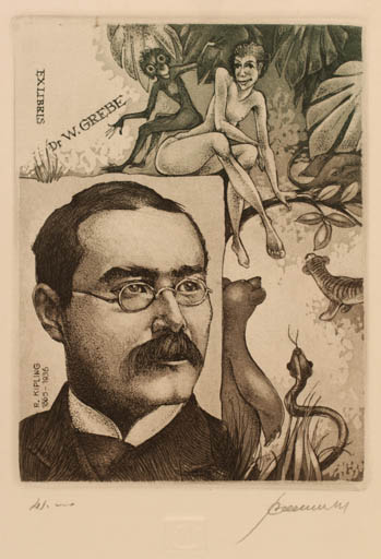 Exlibris by Hedvig Pauwels from Belgium for Dr. Phil Werner Grebe - Fauna Literature Man Portrait 