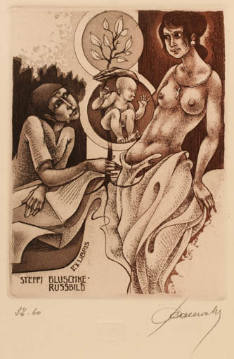 Exlibris by Hedvig Pauwels from Belgium for Steffi Blüschke-Russbild - Child Book Woman 