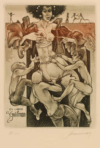 Exlibris by Hedvig Pauwels from Belgium for Serge Golifman - Erotica Woman Nude 