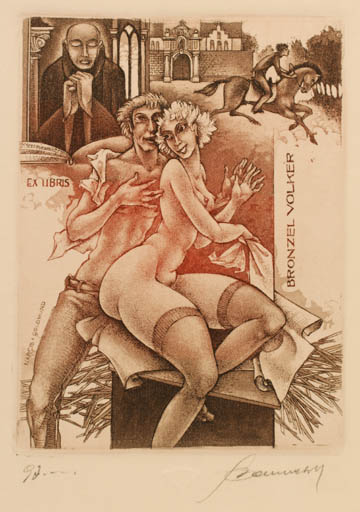 Exlibris by Hedvig Pauwels from Belgium for Bronzel Volker - Erotica Couple Horseman/Rider 