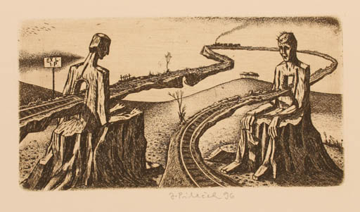 Exlibris by Jindrich Pilecek from Czech Republic for P. I. - Scenery/Landscape Man Surrealism Train 