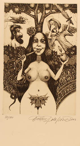 Exlibris by Dusan Polacovic from Slovak Republic for Marian Potrok - Adam and Eve Angel Fruit Bird 