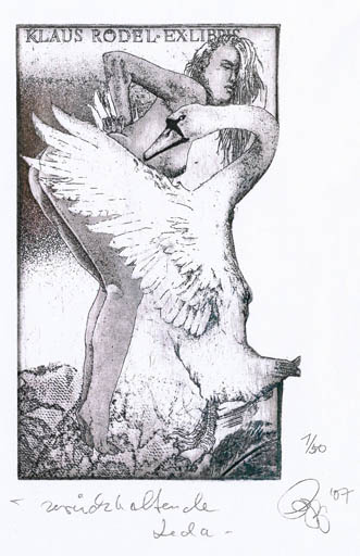 Exlibris by Olaf Gropp from Germany for Klaus Rödel - Erotica Leda and the Swan Mythology 