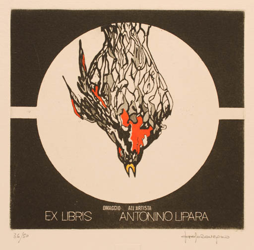 Exlibris by Paolo Rovegno from Italy for Antonino Lipara - Bird Phoenix 