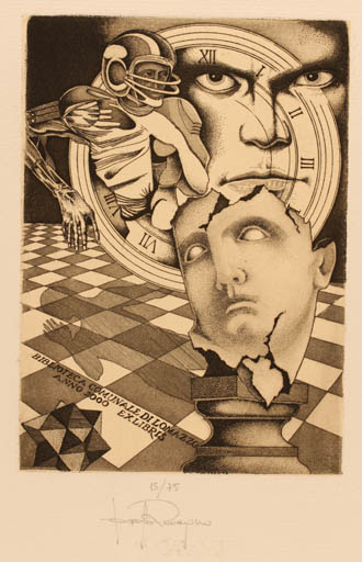 Exlibris by Paolo Rovegno from Italy for Biblioteca Comunale Di Lomazzo - Man Portrait Sport/game Surrealism 