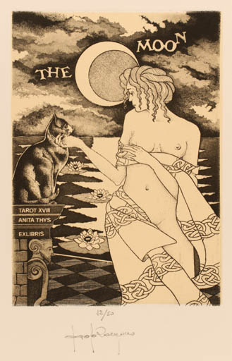 Exlibris by Paolo Rovegno from Italy for Anita Thys - Flower Cat Cosmos Woman Maritime 