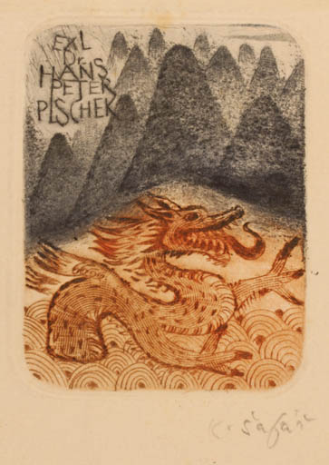 Exlibris by Karel Safar from Czech Republic for Dr. Hans Peter Plschek - Mountain Fable Animal 