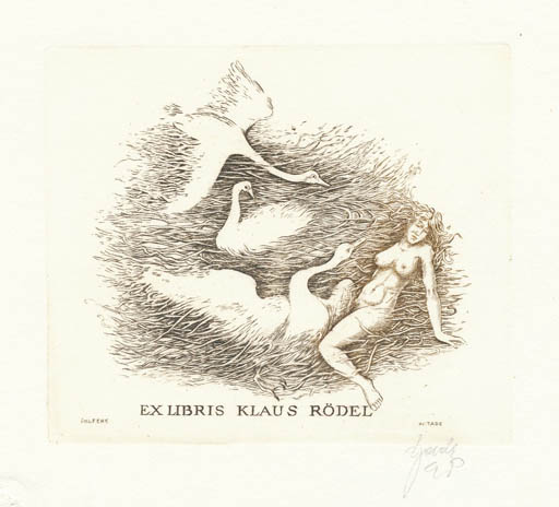 Exlibris by Henryk Feilhauer from Poland for Klaus Rödel - Erotica Leda and the Swan Mythology 