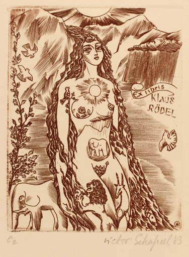 Exlibris by Victor Schapiel from Austria for Klaus Rödel - Mountain Fauna Woman Sun 