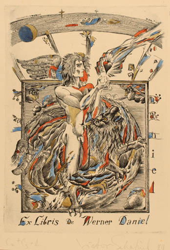 Exlibris by Victor Schapiel from Austria for Dr. Werner Daniel - Angel Fauna Cosmos Man Nude 