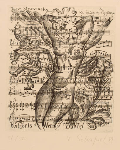 Exlibris by Victor Schapiel from Austria for Dr. Werner Daniel - Woman Music Theater/Cirkus 