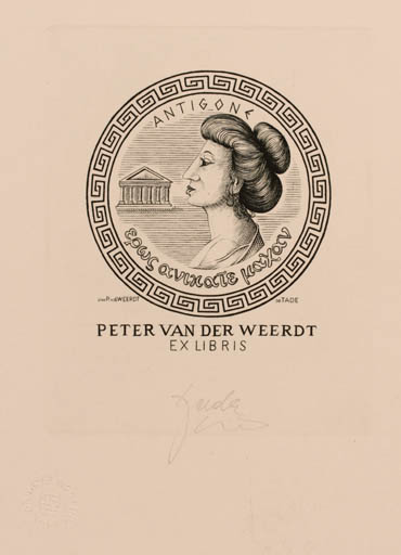 Exlibris by Tadeusz Szumarski from Poland for Peter van der Weerdt - Classical antiquity Woman Portrait 