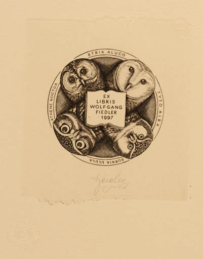 Exlibris by Tadeusz Szumarski from Poland for Wolfgang Fiedler - Owl 