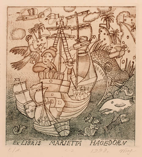 Exlibris by Ivan Tarasjuk from Russia for Marietta Hagedorn - Fairytale/fable Fish Maritime Ship/Boat 