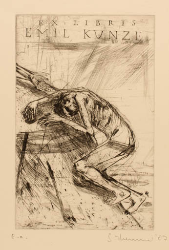 Exlibris by Susanne Theumer from Germany for Dr. Emil Kunze - Drama Death Man Nude 