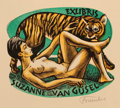 Exlibris by Frank-Ivo van Damme from Belgium for Suzanne Van Gusel - Fauna Woman Nude 