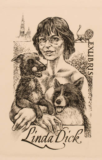 Exlibris by Frank-Ivo van Damme from Belgium for Linda Dick - Dog Woman 