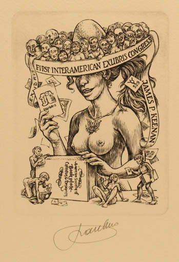 Exlibris by Frank-Ivo van Damme from Belgium for James P. Keenan - Book Exlibris Congress Group Woman 